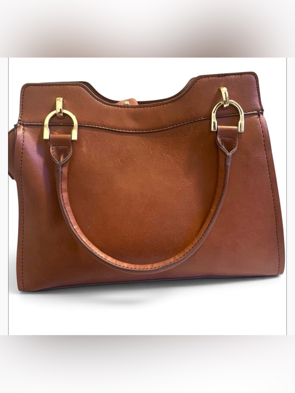 London Fog Brown Faux Leather Satchel Shoulder Bag Gold Tone Hardware Zip Pocket - Picture 2 of 9